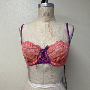 NWT La Fee Verte Pink Purple Lace Underwire Bra 34 C